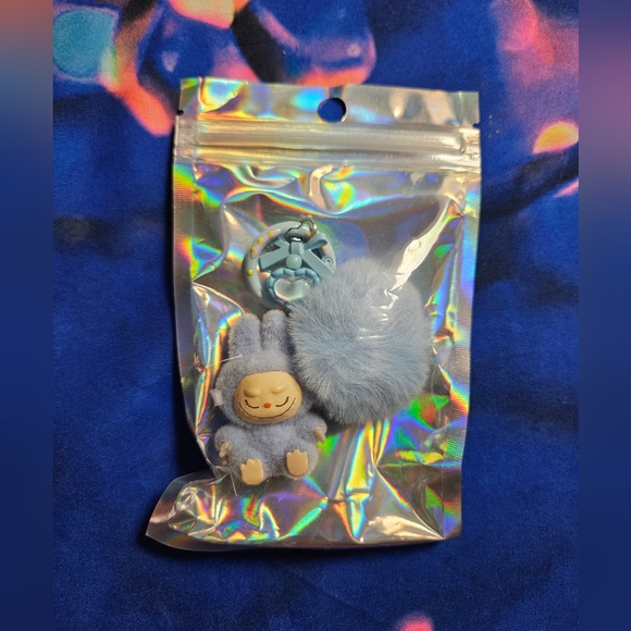 Flocked Fuzzy Have a Seat Labubu Keychain with Heart Gems Pom Pom Bag Charms NEW - Picture 15 of 16